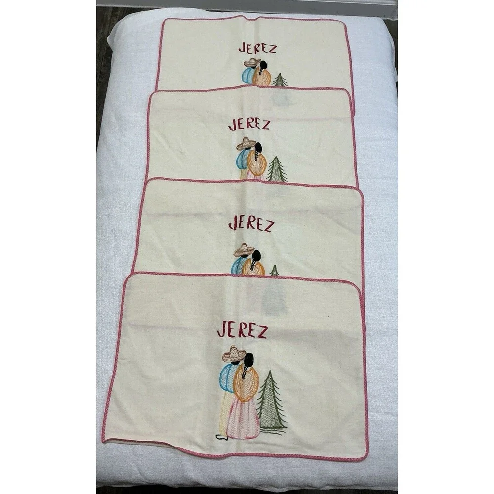Vtg mexican embroidered Placemat Napkin Set Jerez Zacatecas Cotton Canvas NIP